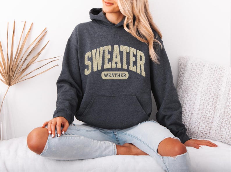 May include: Dark grey hoodie with the text "SWEATER WEATHER" in a beige, collegiate-style font. The hoodie has a front pocket and a hood. The model is wearing light blue jeans.
