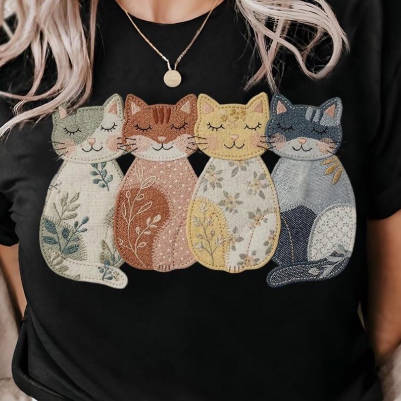 Pu&ograve; includere: T-shirt nero con un disegno di quattro figure di gatti stilizzate. Ogni gatto ha un colore e un motivo unici, tra cui motivi floreali e a foglie. I gatti sono in tonalit&agrave; di verde, marrone, giallo e blu, con gli occhi chiusi e i baffi.