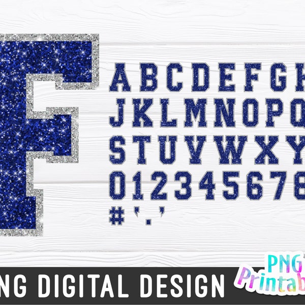 Glitter Sport Alphabet png - Blue and Silver Alphabet - png Print File For Sublimation Or Print - Distressed - Download