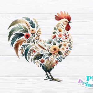 May include: A rooster silhouette made of watercolor flowers and leaves. The rooster is white with a red comb and wattle. The flowers are in shades of pink, yellow, and orange. The leaves are green and brown.