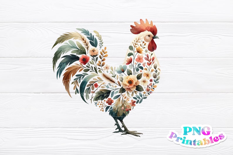 May include: A rooster silhouette made of watercolor flowers and leaves. The rooster is white with a red comb and wattle. The flowers are in shades of pink, yellow, and orange. The leaves are green and brown.