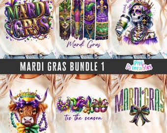 Op de afbeelding: Een set van zes sublimatieontwerpen met Mardi Gras-thema's. De ontwerpen omvatten een koe met een kroon, een schedel met een kroon, een narrenmuts, een fleur-de-lis, een masker en een tekstontwerp met de tekst "Mardi Gras".