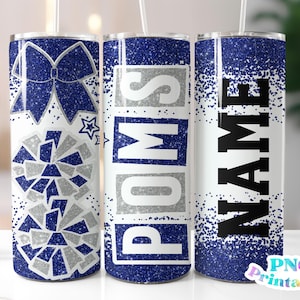 Poms Glitter 20 oz Skinny Tumbler png Design - Cheer Sublimation Tumbler Wrap Royal Blue and Silver - png File