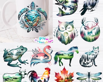 May include: 114 watercolor designs featuring various animals, plants, and landscapes. The designs are in a circular shape with a white background. The animals include a turtle, owl, deer, flamingo, horse, fox, cow, rooster, and dragonfly. The plants include a maple leaf and grass. The landscapes include a forest, a beach, and a field.