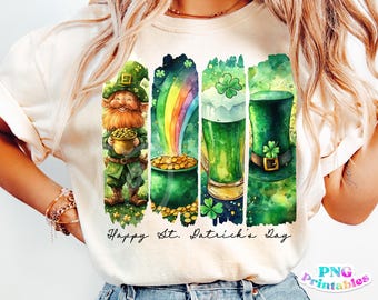 May include: A white t-shirt with a watercolor design featuring a leprechaun holding a pot of gold, a rainbow, a glass of green beer, and a green hat. The text "Happy St. Patrick's Day" is printed below the design.