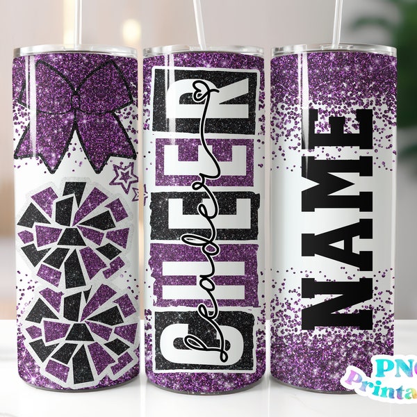 Cheer Glitter 20 oz Skinny Tumbler png Design - Cheerleader Sublimation Tumbler Wrap Purple and Black - png File - Straight and Tapered