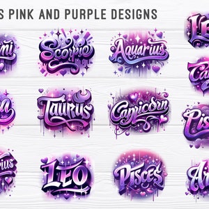 Pode incluir: Uma cole&ccedil;&atilde;o de 12 signos do zod&iacute;aco em um esquema de cores rosa e roxo. Cada signo &eacute; escrito em uma fonte estilizada com um efeito de pintura pingando. Os signos s&atilde;o organizados em uma grade sobre um fundo de madeira branco.