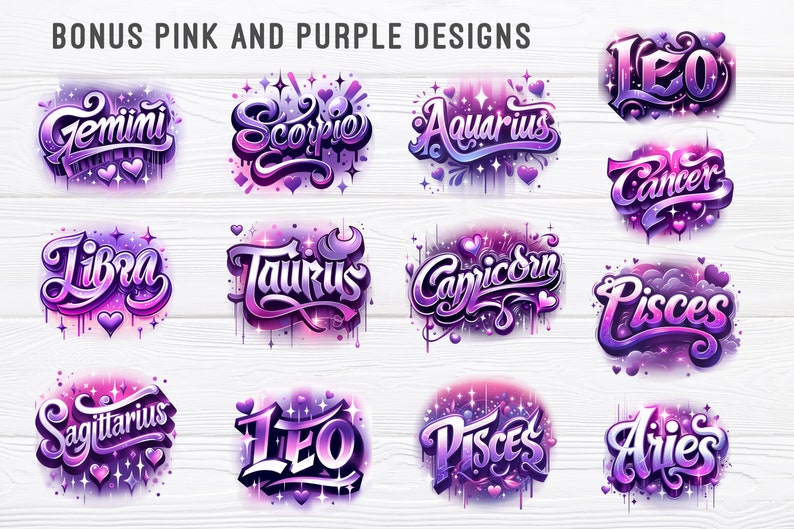 Pode incluir: Uma cole&ccedil;&atilde;o de 12 signos do zod&iacute;aco em um esquema de cores rosa e roxo. Cada signo &eacute; escrito em uma fonte estilizada com um efeito de pintura pingando. Os signos s&atilde;o organizados em uma grade sobre um fundo de madeira branco.