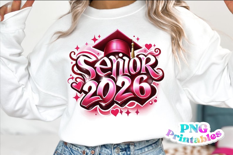 K&ouml;nnte beinhalten: Wei&szlig;es Sweatshirt mit einem pink-roten Aufdruck "Senior 2026". Das Design beinhaltet eine Abschlusskappe und Herzen. Das Sweatshirt ist ein l&auml;ssiges Kleidungsst&uuml;ck, passend f&uuml;r eine Abschlussfeier.
