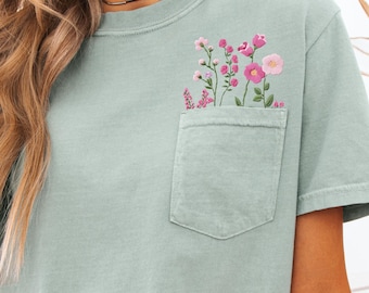 Faux Embroidery Pink Wildflowers png - Floral Pocket png - Print File - Sublimation Design - Flowers png - Digital Download