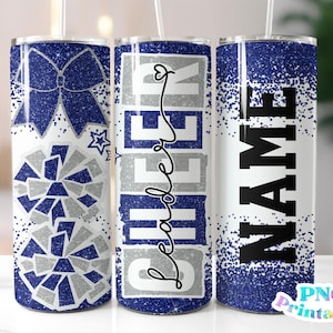 Cheer Glitter 20 oz Skinny Tumbler png Design - Cheerleader Sublimation Tumbler Wrap Blue and Silver - png File - Straight and Tapered