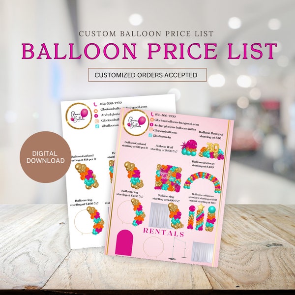 Liste de prix du MENU BALLON, Menu Ballon, Guide des prix Ballon, Guide des prix NUMÉRIQUE, Artiste Ballon, Prix du menu Ballon