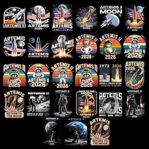 May include: A collection of colorful Artemis II mission-themed designs. The images feature rockets, the moon, astronauts, and the American flag. The text includes "Artemis II 2026" and "Return to the Moon" on a black background.