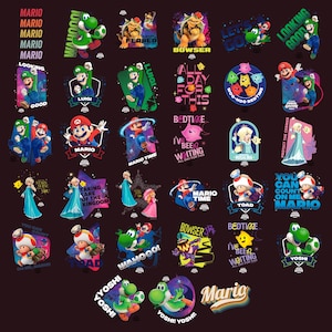 May include: A collection of colorful graphic designs featuring characters from the Mario video game franchise. The designs include Mario, Luigi, Yoshi, Bowser, and Princesses, with various text elements like "Mario Time" and "Bedtime".