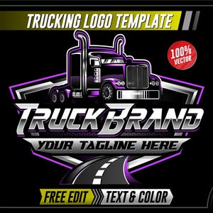 May include: A digital trucking logo template featuring a purple semi-truck on a shield-shaped emblem with a road graphic. The text reads TRUCKING LOGO TEMPLATE, TRUCK BRAND, YOUR TAGLINE HERE, 100% VECTOR, FREE EDIT TEXT & COLOR, AI, EPS, PDF, JPG, PNG.