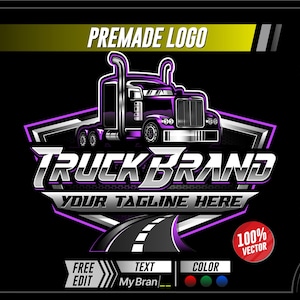 May include: A premade logo design featuring a purple and black semi-truck. The text "TRUCK BRAND" is prominently displayed, with space for a tagline. The design includes a road graphic and the words "PREMADE LOGO".
