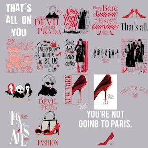 Peut inclure: Un collage d'illustrations et de texte liés à la mode et au film "Le Diable s'habille en Prada". Le design présente des talons hauts rouges, des sacs à main et diverses citations et phrases sur fond gris.