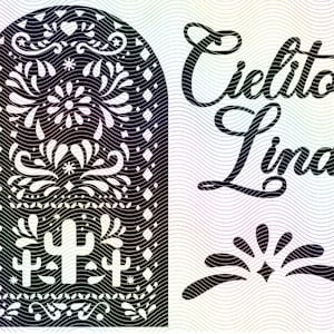May include: Black and white graphic design with the words "Cielito Lindo" in cursive script. The design includes a decorative arch with floral and cactus motifs, and a stylized floral element.