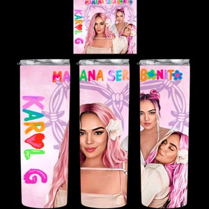 May include: A pink and white tumbler with a design featuring a woman with pink hair and the text "Mañana Sera Bonito" and "Karol G".