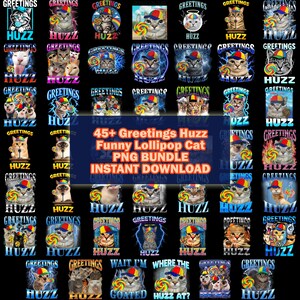 Greetings Huzz Cat Shirt Design, Lollipop Cat Graphic, Funny Digital Download, Cute Cat PNG, Instant Download for T-shirts