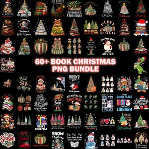 May include: A digital collection of over 60 Christmas-themed graphic designs featuring stacks of books, holiday trees, snowmen, cats, and festive text on a black background, with the central text reading 60+ BOOK CHRISTMAS PNG BUNDLE.