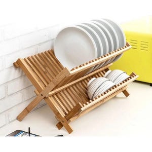 Different Colors 2 Tier Wooden Dish Drying Rack with Utensil Holder, Bamboo Plate Rack, Kitchen Holder, Laundry Dry Rack, Dish Organizer