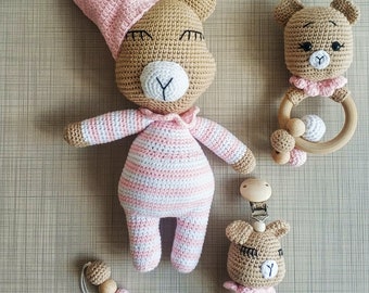 Crochet Bear Baby Set: Stroller Chain, Rattle & Pacifier Clip