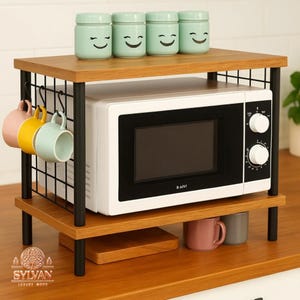 Shelf Organizer with Hooks Desktop Cup Organiser, Solid Wood Shelf,Small Lattice Kitchen Shelf,Coffee Bar,Functional Storage, Desk Organizer