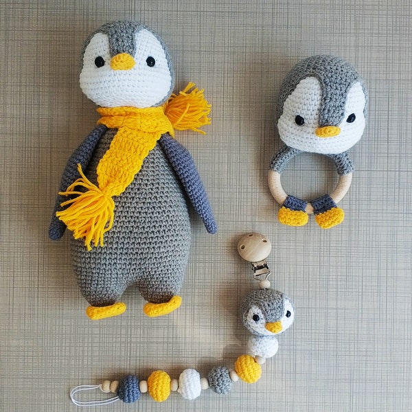 Crochet Penguın Stroller Chain | Rattle and Pacifier Holder Set | Custom Baby Pacifier Clip | Crochet Penguın