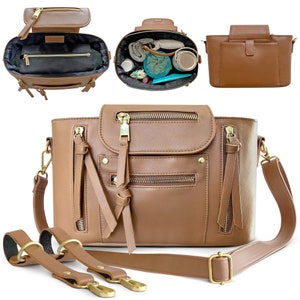 A mini diaper bag for minimalistic moms. Stylish vegan leather stroller caddy that converts to a beautiful mom bag that can pass for a designer purse! This crossbody diaper bag purse is a nimble companion to your larger diaper bag.