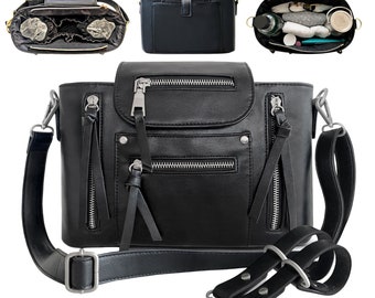 Vegan Leather Crossbody Mini Diaper Bag w/Insulated Bottle Pockets + Leather Stroller Straps -Black w/ Matte Silver Hardware