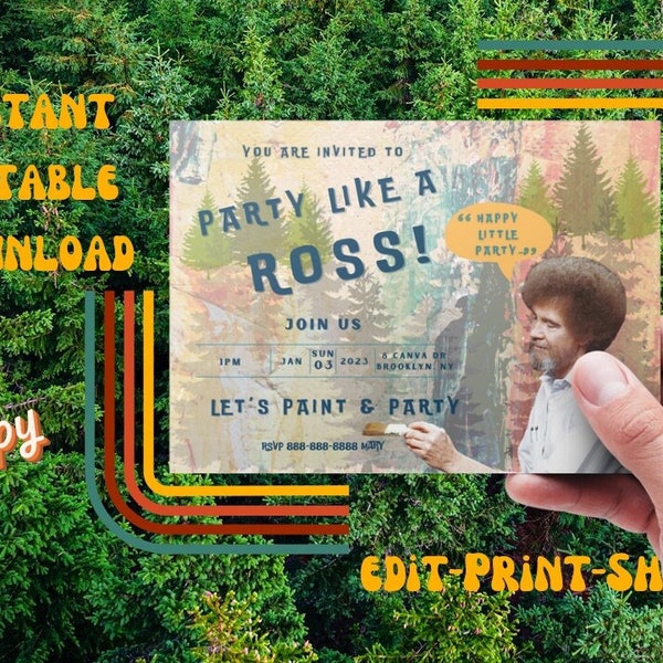 Editable Download Bob Ross Party Invitation Happy Trees Ross Themed Party, Paint n Sip, Artist, Bob Ross Fan