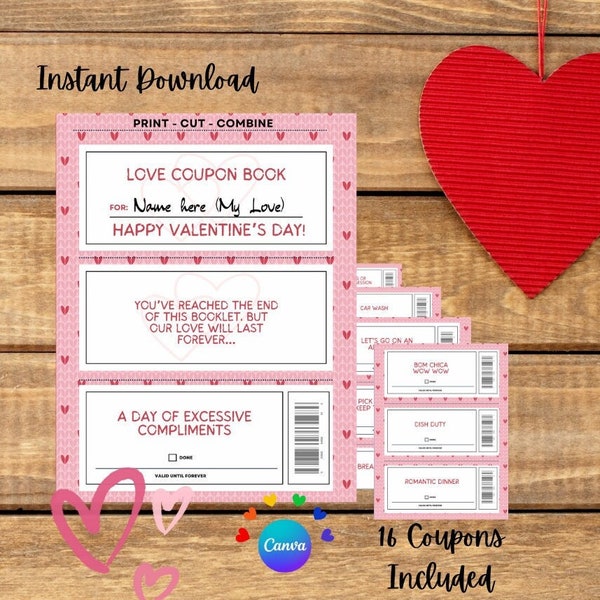 Editable Love Coupons Happy Valentines Day Honey Do and Sexy Couple Coupons for Fun - Instant Download 16 Couples Coupon Booklet