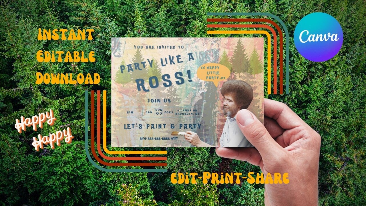 Editable Download Bob Ross Party Invitation Happy Trees Ross Themed