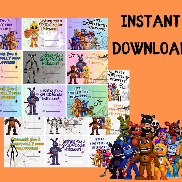 Instant Download FNAF Halloween Card Bundle Rainbow Five Nights at Freddys Cards for Friends and Classmates Mini Cards for Candy Treat Bag