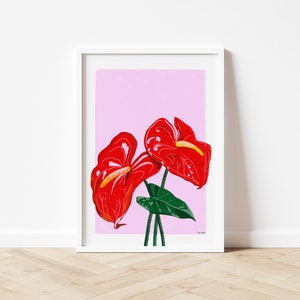 Anthurium Flamingo Flower Print | Rare Houseplant, Tropical Flower Print, Illustrated Flower Art, Printable Wall Art, Red Flowers Wall Art