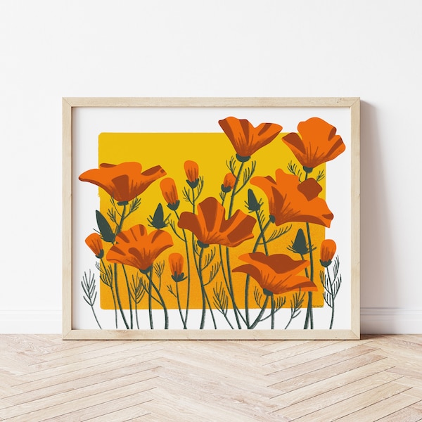 California Poppy Wall Art | Printable Wall Art, Illustrated Flower Art, Printable Poppy Art, California Print, Orange Poppy Artwork, 10x8