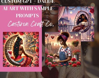 May include: Digital art featuring a woman with dark skin, wearing glasses, and three other images. The images include a woman in a swing, a woman gardening, and a woman on a crescent moon. Text includes "CUSTOM GPT + DALL-E", "AI ART WITH SAMPLE PROMPTS", "Castiron Craft Co.", and "MELANATED ELEGANCE".