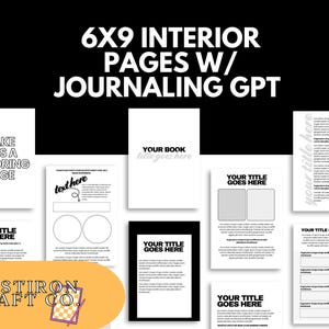 Puede incluir: Un conjunto de páginas interiores imprimibles de 15,24 x 22,86 cm para un diario con indicaciones para llevar un diario utilizando GPT. Las páginas son en blanco y negro e incluyen el texto "Make this a coloring page", "Your book title goes here", "Your title goes here" y "Your title goes here".