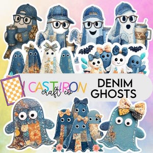 May include: A collection of denim ghost stickers with various designs. Some ghosts wear denim hats and glasses, while others have bows. The text "DENIM GHOSTS" is displayed. The stickers are in shades of blue, white, and orange.