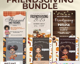 Puede incluir: Un paquete de Friendsgiving con seis diseños de invitaciones. Las invitaciones tienen un tema otoñal con ilustraciones de comida, calabazas y personajes de dibujos animados. El texto incluye "Friendsgiving 2025" y "Potluck".