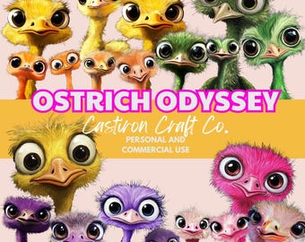 Whimsical Ostrich Watercolor Art Set: Colorful Animal Nursery Decor
