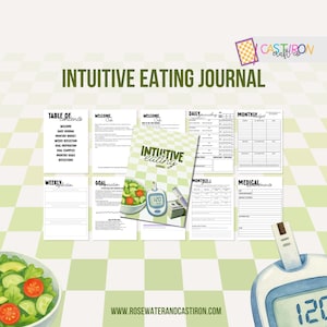 Puede incluir: Un "Diario de alimentación intuitiva" con varias páginas, incluyendo una tabla de contenidos, páginas de bienvenida, secciones diarias y mensuales, y páginas de establecimiento de metas. El diario presenta un diseño a cuadros verdes y blancos e incluye ilustraciones.