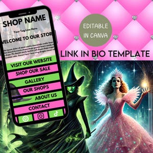 May include: A digital template for an online shop, with a pink and green design. The phone screen shows website navigation options. The background features illustrations of a witch and a princess. Text includes "SHOP NAME" and "LINK IN BIO TEMPLATE."