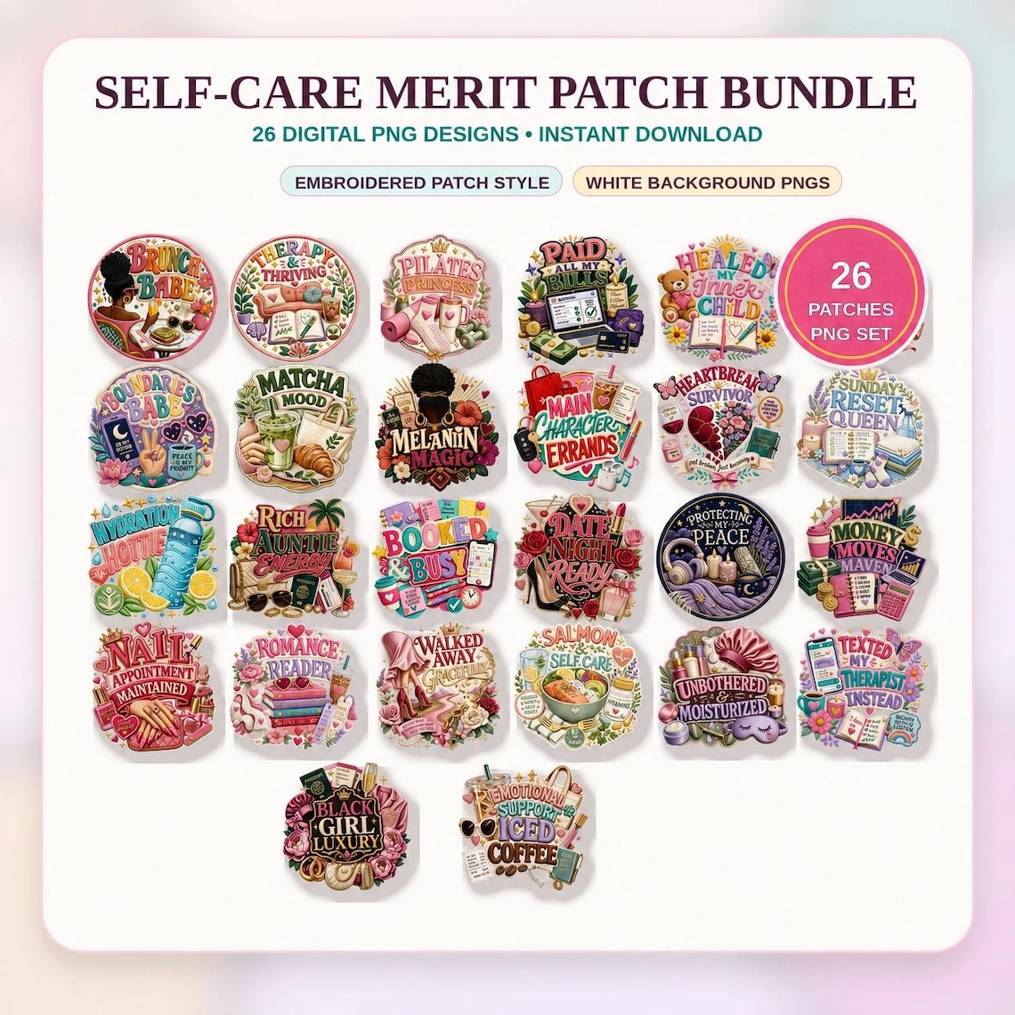 Merit Patch Key Self-care Merit Patch Bundle, 26 Digital PNG Designs, Embroidered Patch ...