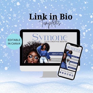 May include: A digital template for a link in bio page featuring a cartoon illustration of a woman with dark hair and glasses. The template includes buttons for "About Me", "Portfolio", and "Book a Call". The text "Symone, Your Creative Bestie!" is at the top of the page.