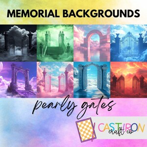 May include: A collage of eight digital backgrounds featuring pearly gates and clouds. The backgrounds are in various colours, including blue, green, pink, purple, and red. The text "pearly gates" is written in white on a pink background. The text "CAST IRON craft co" is written in white on a black and white checkered background.