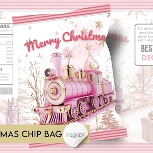 May include: Pink Christmas-themed chip bag featuring a pink train with gold accents, the words "Merry Christmas," and a nutritional facts label. The bag also includes text that says "Best by Dec 25."