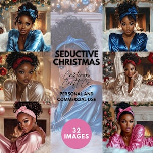 Op de afbeelding: Een digitale kunstcollage met een vrouw in satijnen nachtkleding met een hoofdband, in tinten blauw, goud en roze. De tekst luidt "Seductive Christmas" en "Castiron Craft Co." met "Personal and Commercial Use" en "32 Images".