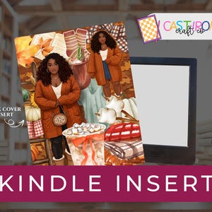 Op de afbeelding: Een Kindle-inzetstuk met een herfstthema-illustratie. De afbeelding toont een vrouw in een oranje vest, omringd door pompoenen, bladeren en gezellige accessoires. De tekst "KINDLE INSERT" staat onderaan.